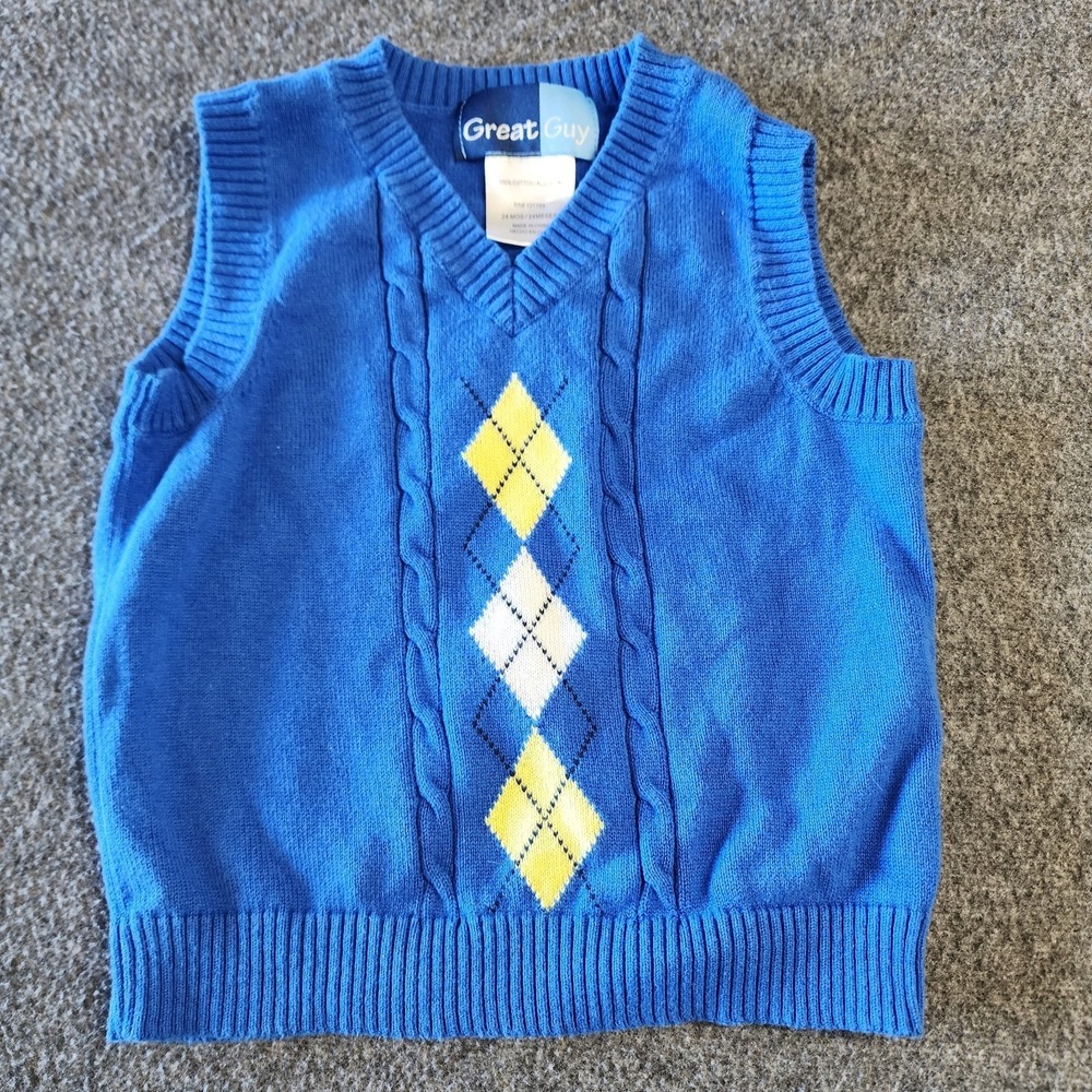 Great Guy Baby Boy 24M Sweater Vest Light Blue V-Neck Pastel Argyle Front Left